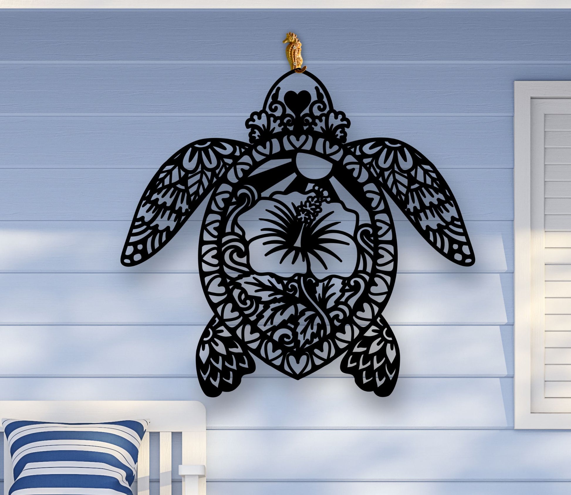 Black Metal wall art of a sea turtle silhouette with detailed cutouts and a hibiscus flower in the center, available in various sizes and colors.