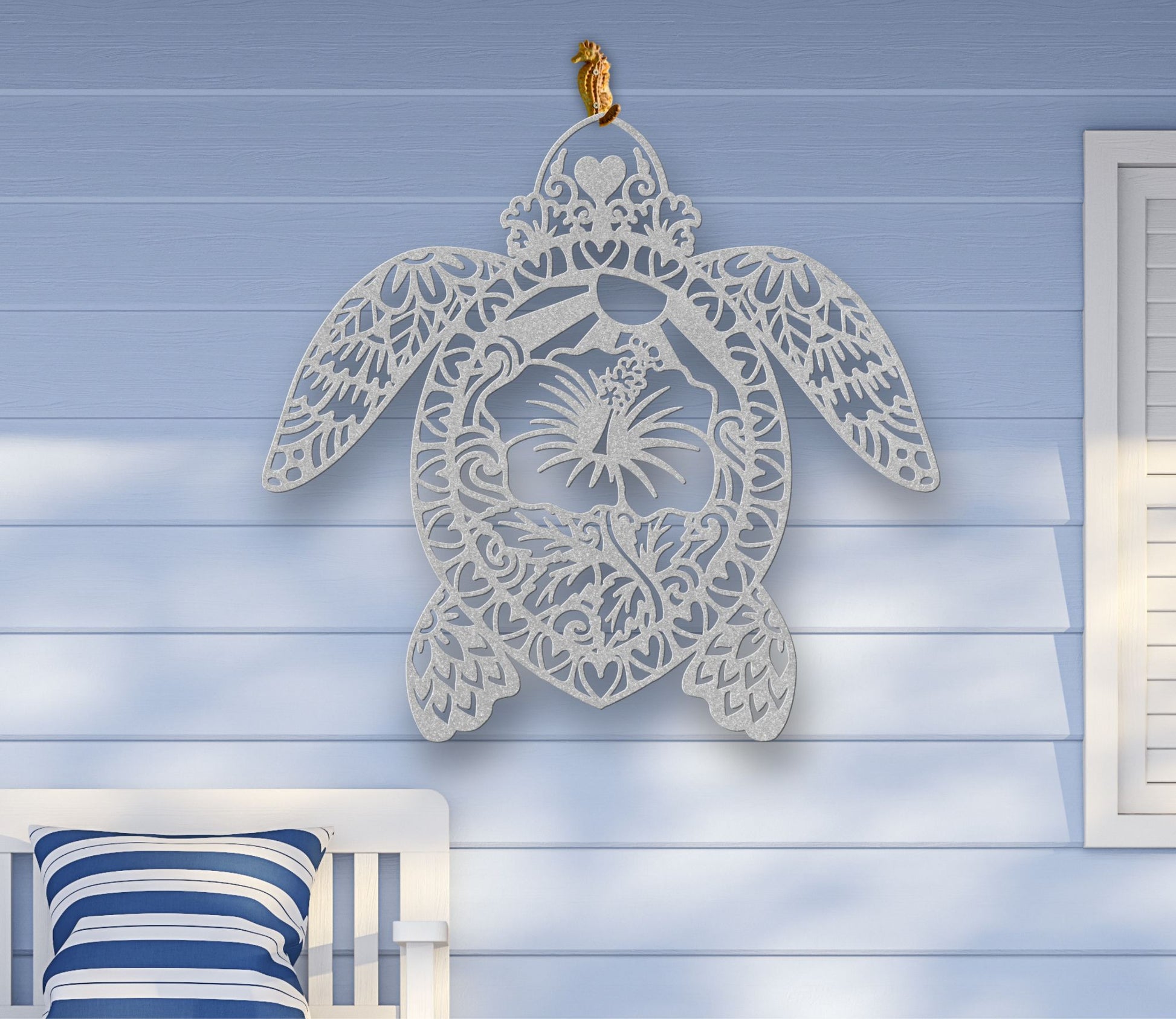 Silver Metal wall art of a sea turtle silhouette with detailed cutouts and a hibiscus flower in the center, available in various sizes and colors.