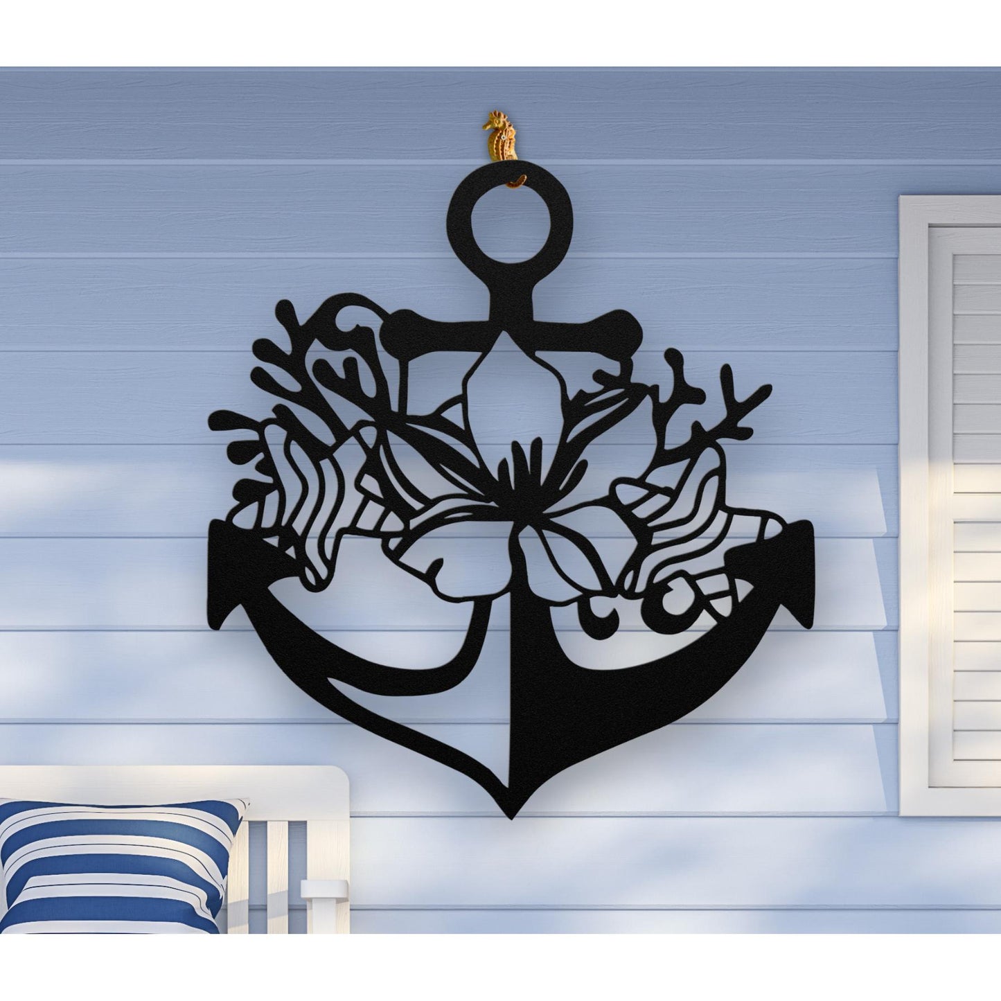 Black metal wall art shaped like an anchor with a hibiscus flower, starfish, and shell design accents, available in 5 colors and multiple sizes.