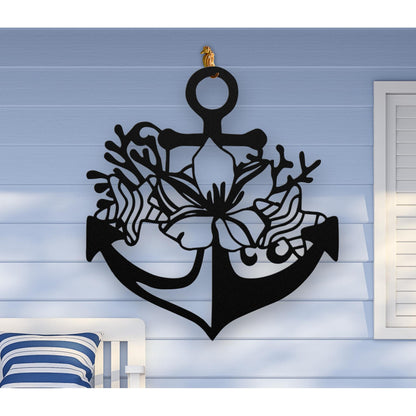 Black metal wall art shaped like an anchor with a hibiscus flower, starfish, and shell design accents, available in 5 colors and multiple sizes.