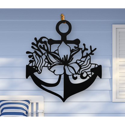 Black metal wall art shaped like an anchor with a hibiscus flower, starfish, and shell design accents, available in 5 colors and multiple sizes.