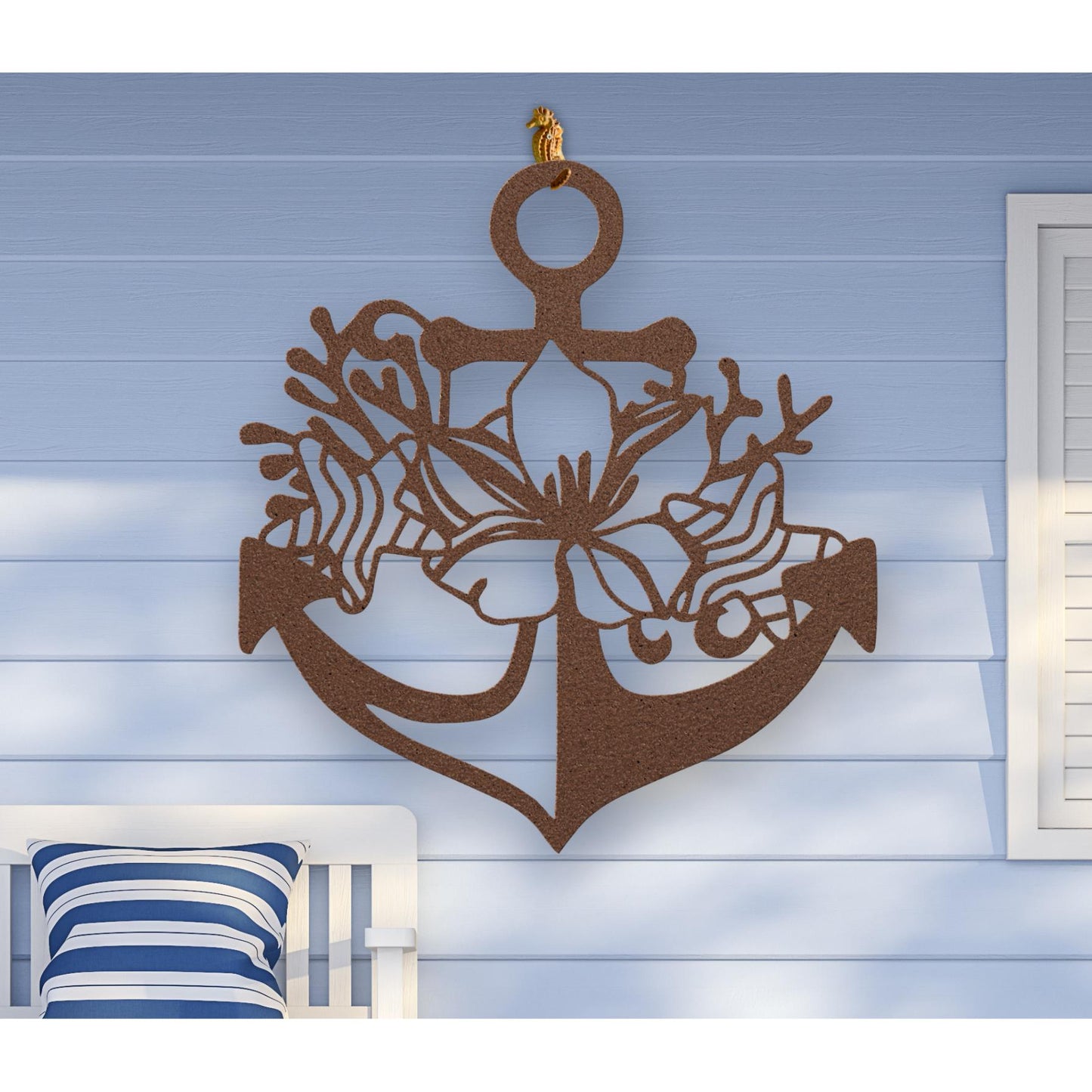 Copper metal wall art shaped like an anchor with a hibiscus flower, starfish, and shell design accents, available in 5 colors and multiple sizes.