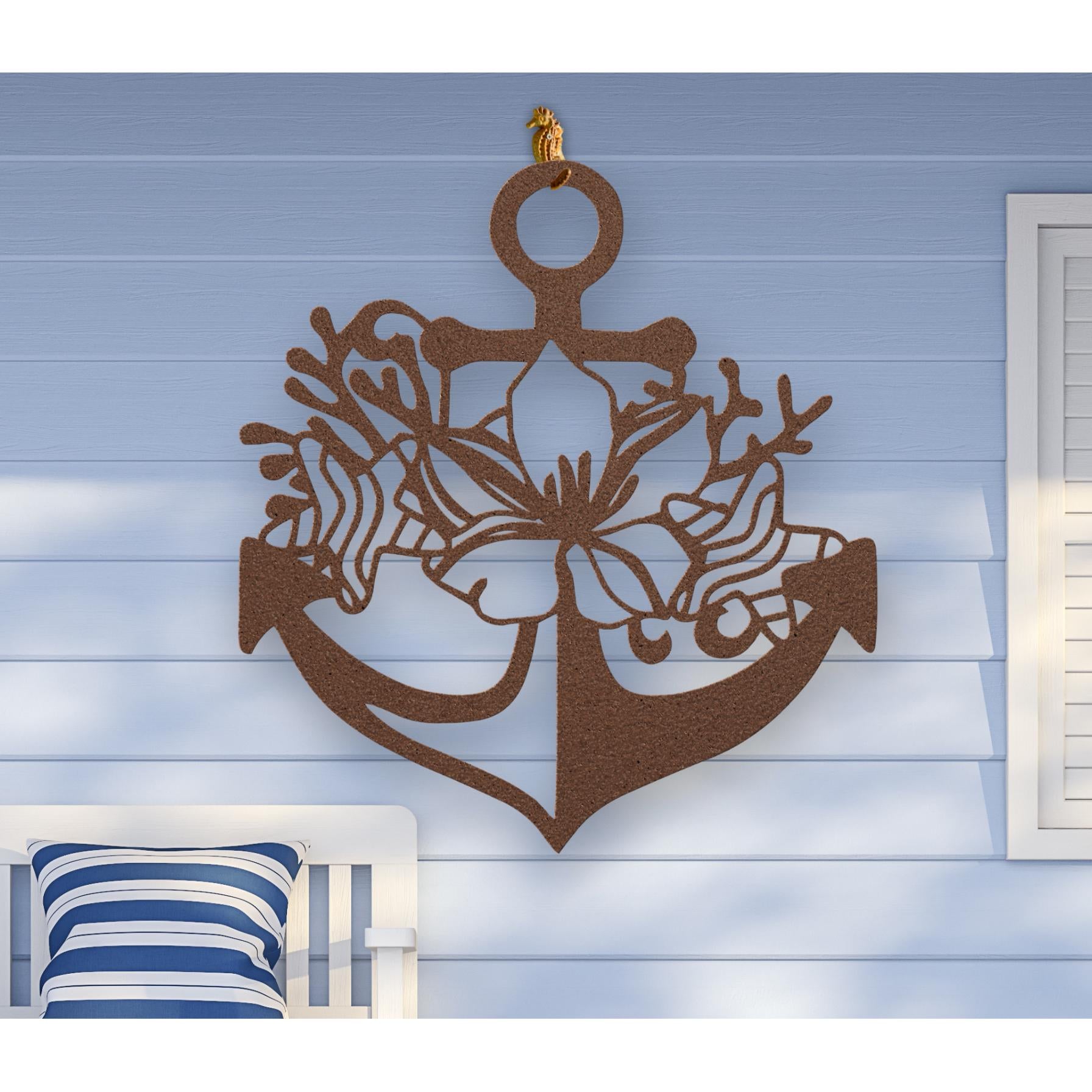 Copper metal wall art shaped like an anchor with a hibiscus flower, starfish, and shell design accents, available in 5 colors and multiple sizes.