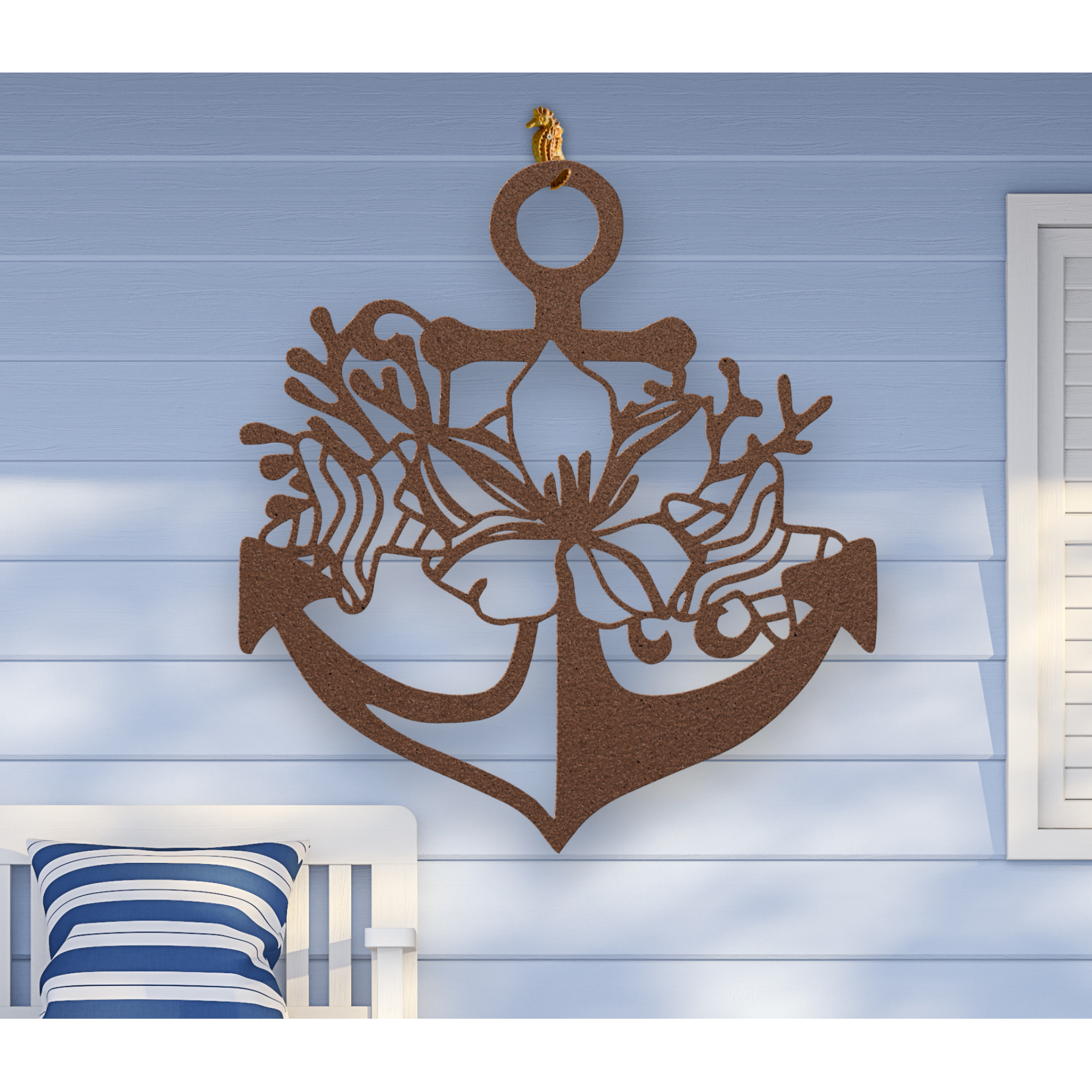 Copper metal wall art shaped like an anchor with a hibiscus flower, starfish, and shell design accents, available in 5 colors and multiple sizes.