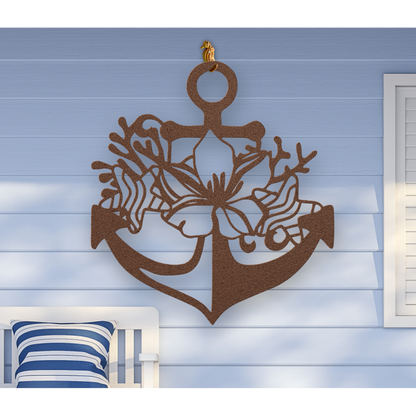 Copper metal wall art shaped like an anchor with a hibiscus flower, starfish, and shell design accents, available in 5 colors and multiple sizes.