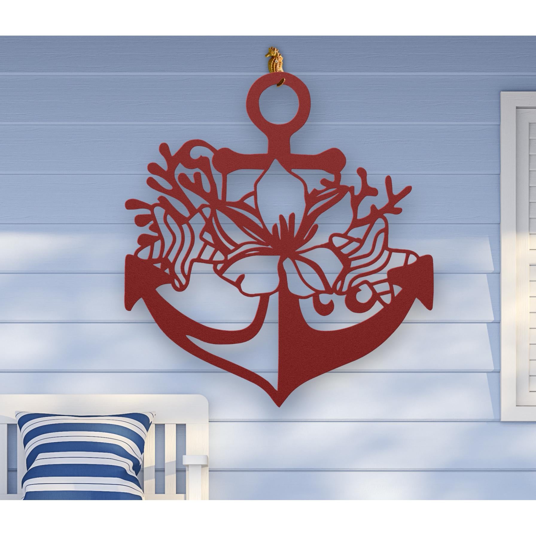 Red metal wall art shaped like an anchor with a hibiscus flower, starfish, and shell design accents, available in 5 colors and multiple sizes.