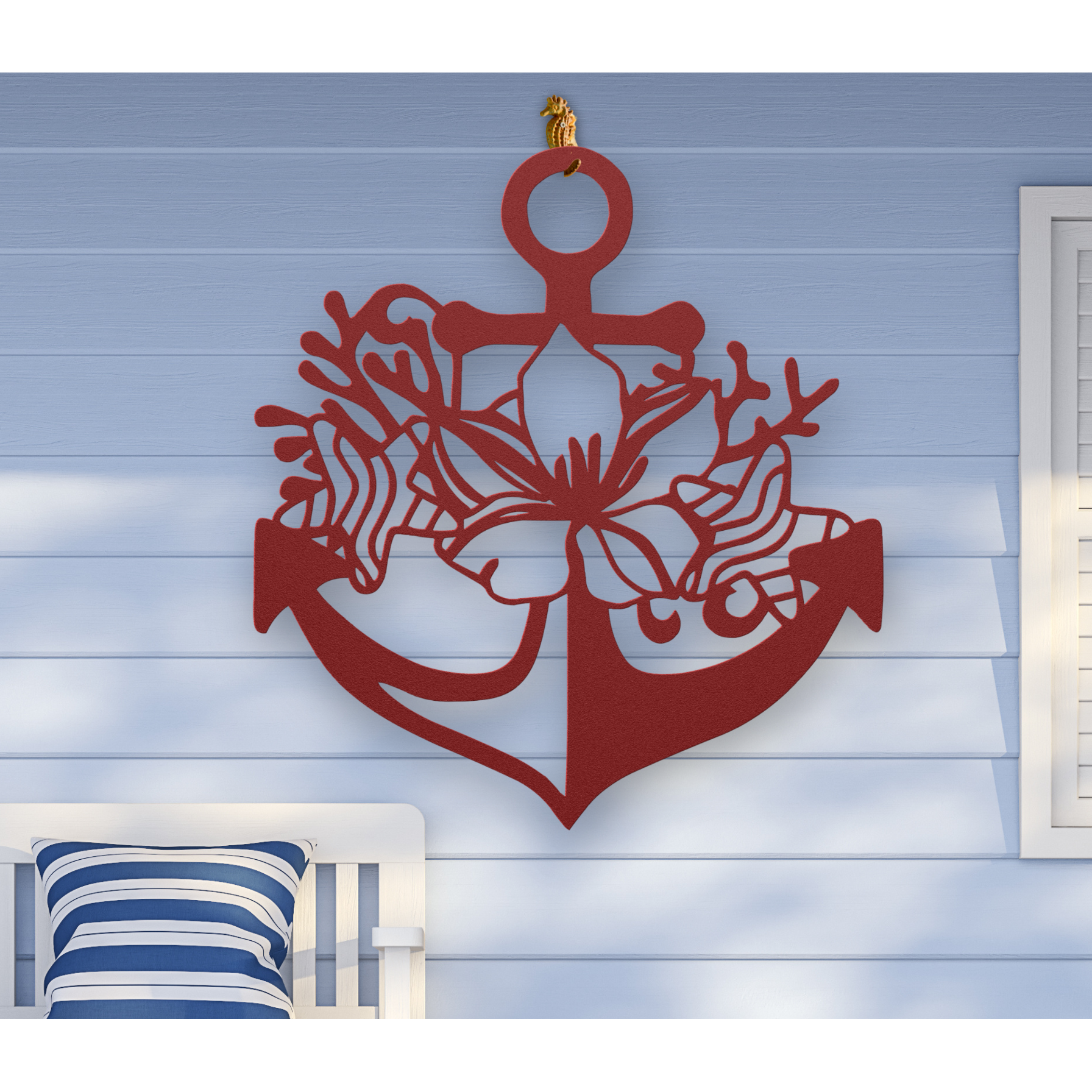 Red metal wall art shaped like an anchor with a hibiscus flower, starfish, and shell design accents, available in 5 colors and multiple sizes.