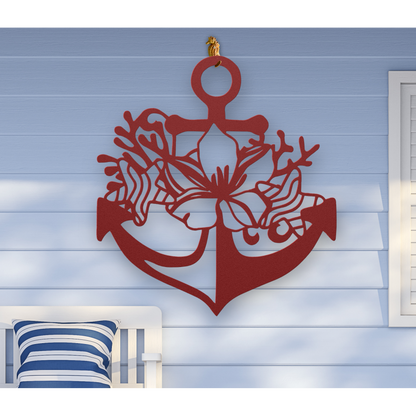 Red metal wall art shaped like an anchor with a hibiscus flower, starfish, and shell design accents, available in 5 colors and multiple sizes.
