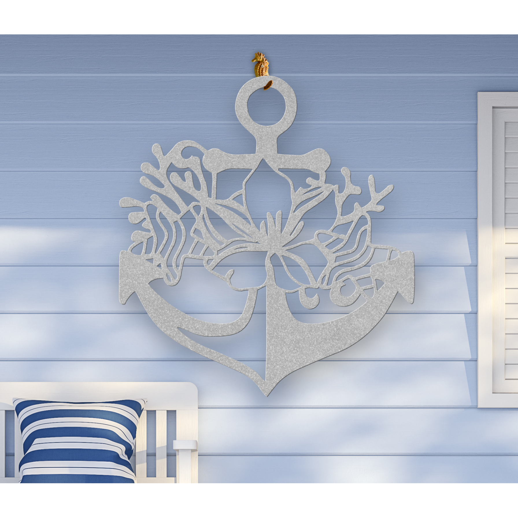 Silver metal wall art shaped like an anchor with a hibiscus flower, starfish, and shell design accents, available in 5 colors and multiple sizes.