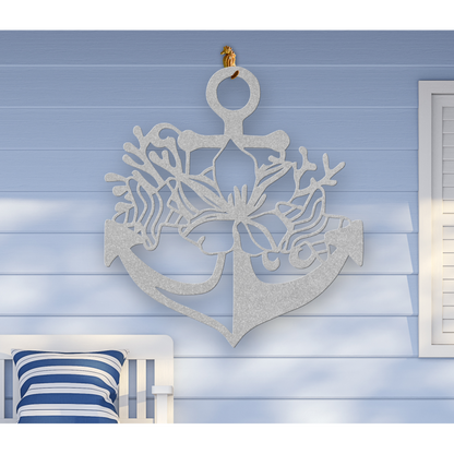 Silver metal wall art shaped like an anchor with a hibiscus flower, starfish, and shell design accents, available in 5 colors and multiple sizes.