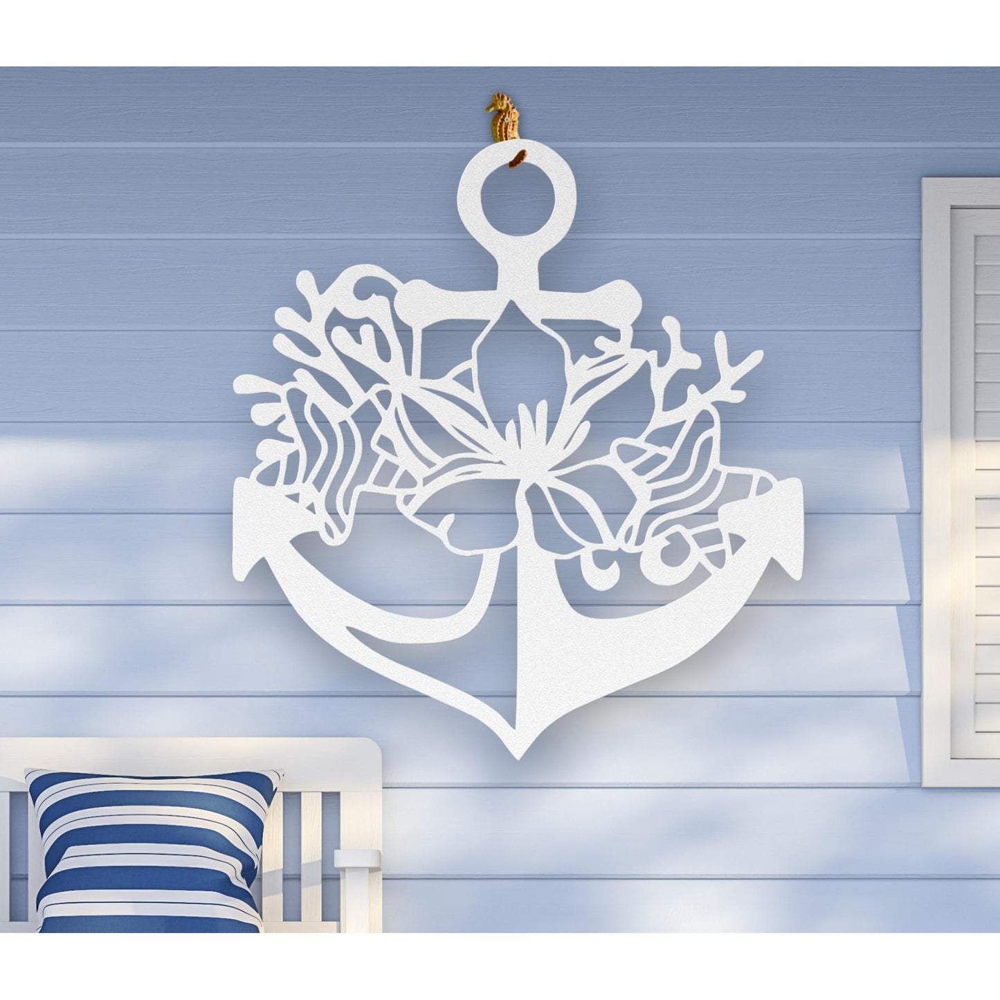 White metal wall art shaped like an anchor with a hibiscus flower, starfish, and shell design accents, available in 5 colors and multiple sizes.