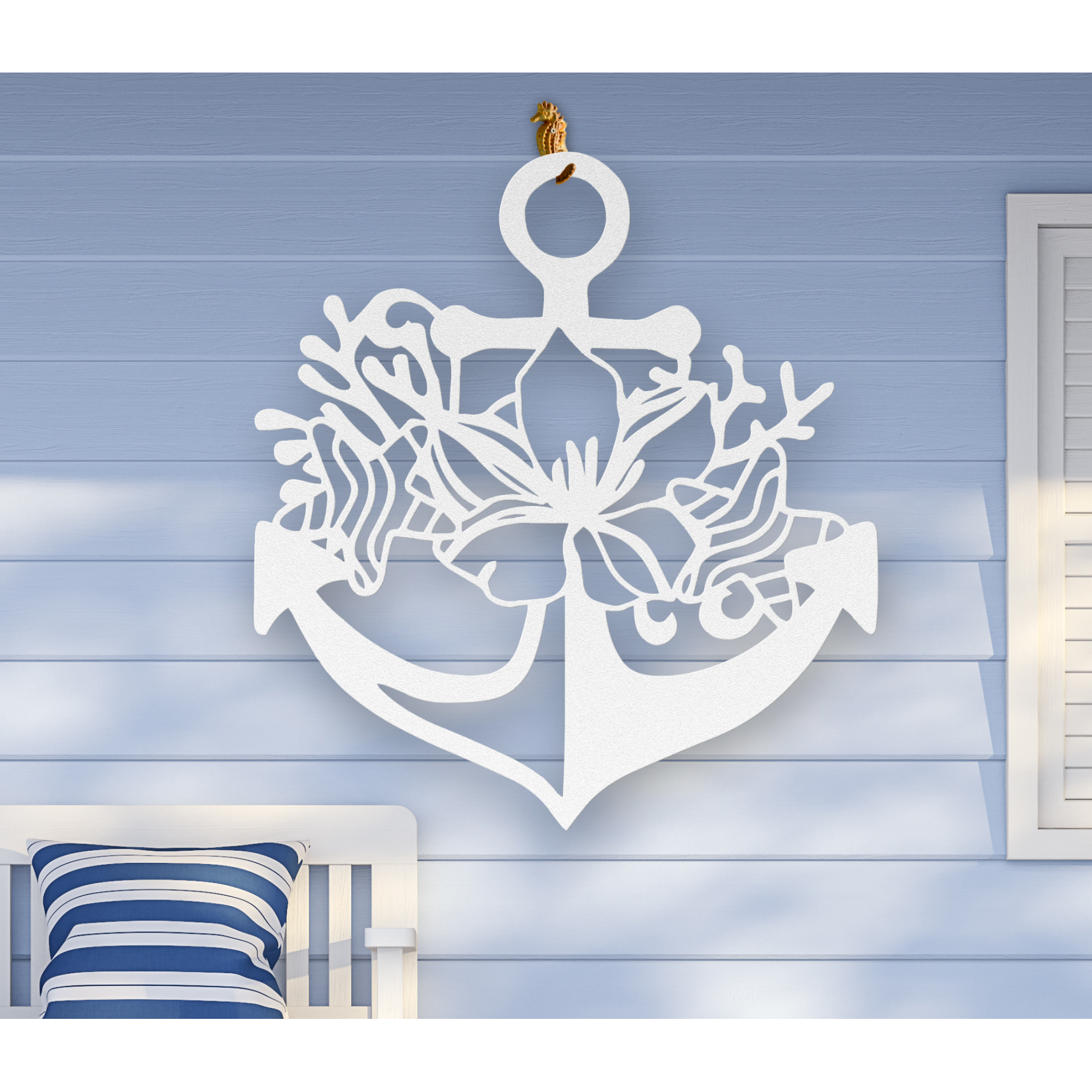 White metal wall art shaped like an anchor with a hibiscus flower, starfish, and shell design accents, available in 5 colors and multiple sizes.