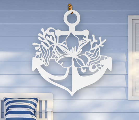 White metal wall art shaped like an anchor with a hibiscus flower, starfish, and shell design accents, available in 5 colors and multiple sizes.