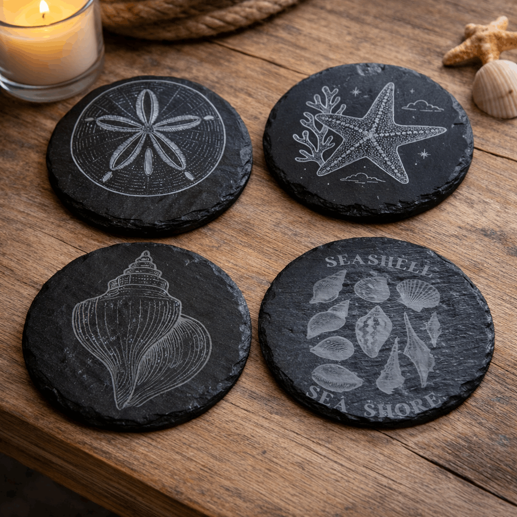 Four black slate coasters with sea-themed designs on a wooden surface.