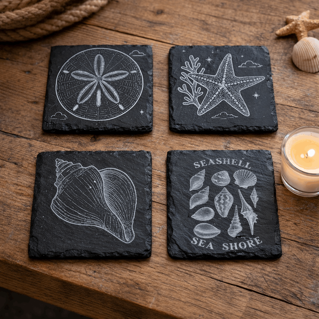 Four black slate coasters with white engravings of a sand dollar, starfish, shell, and 'Seashell Sea Shore' design on a wooden surface.