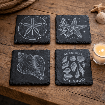 Four black slate coasters with white engravings of a sand dollar, starfish, shell, and 'Seashell Sea Shore' design on a wooden surface.