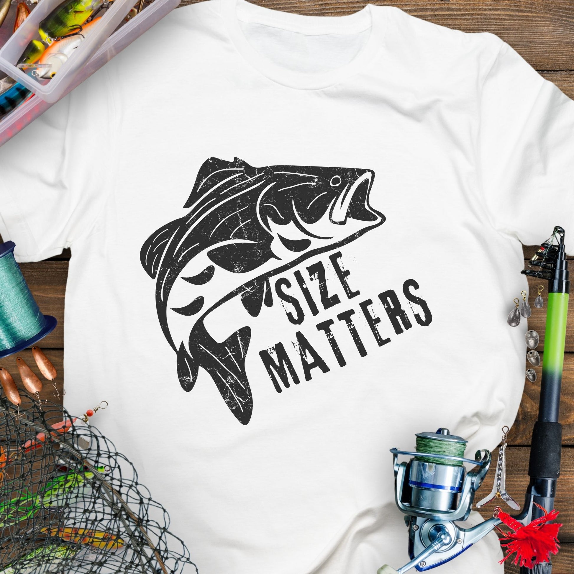 White funny fishing T-shirt with a fish and bold "Size Matters" text.