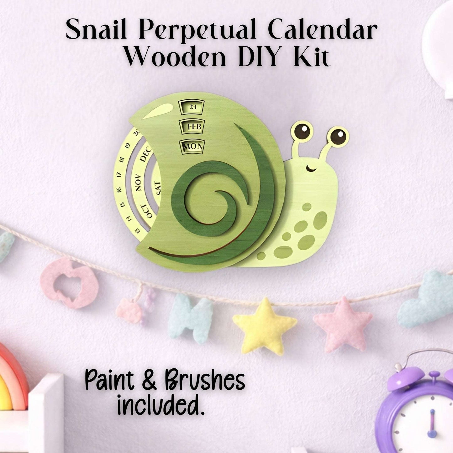 Snail-shaped perpetual calendar wooden DIY kit with paint and brushes included shown completed.