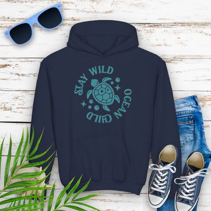 Navy child hoodie with sea turtle with surrounding text Stay Wild Ocean Child.