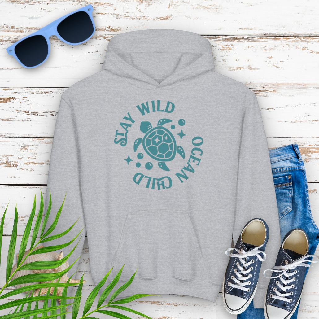 Sport Grey  child hoodie with sea turtle with surrounding text Stay Wild Ocean Child.