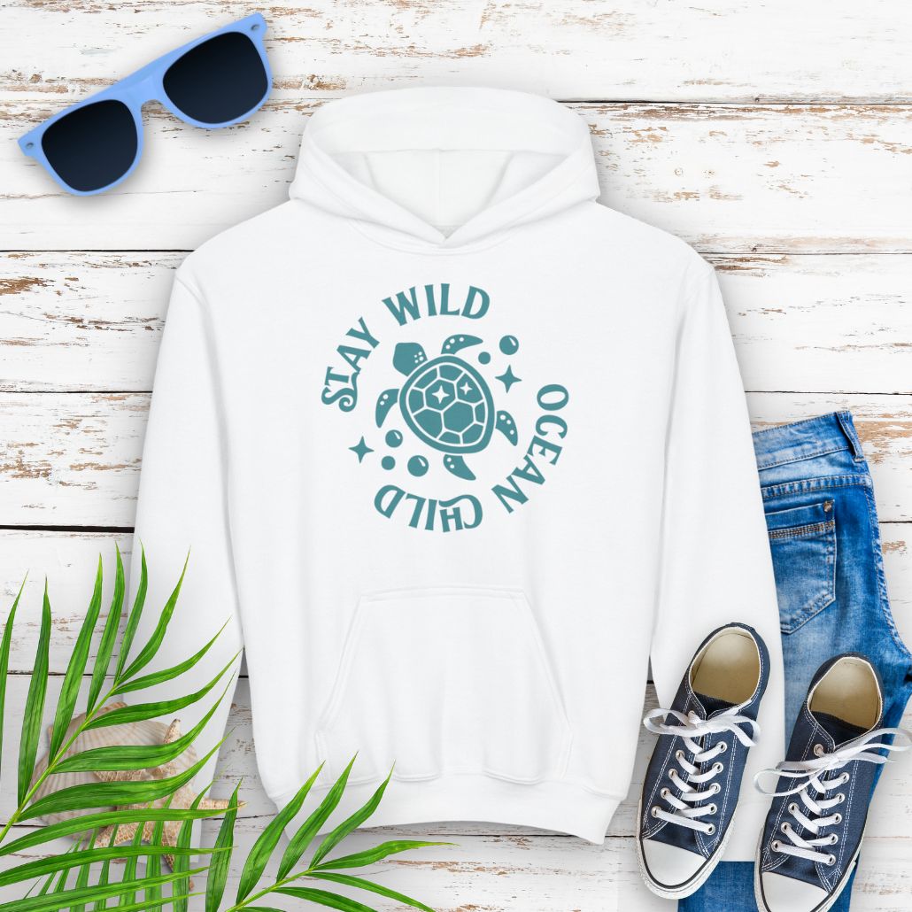 White child hoodie with sea turtle with surrounding text Stay Wild Ocean Child.