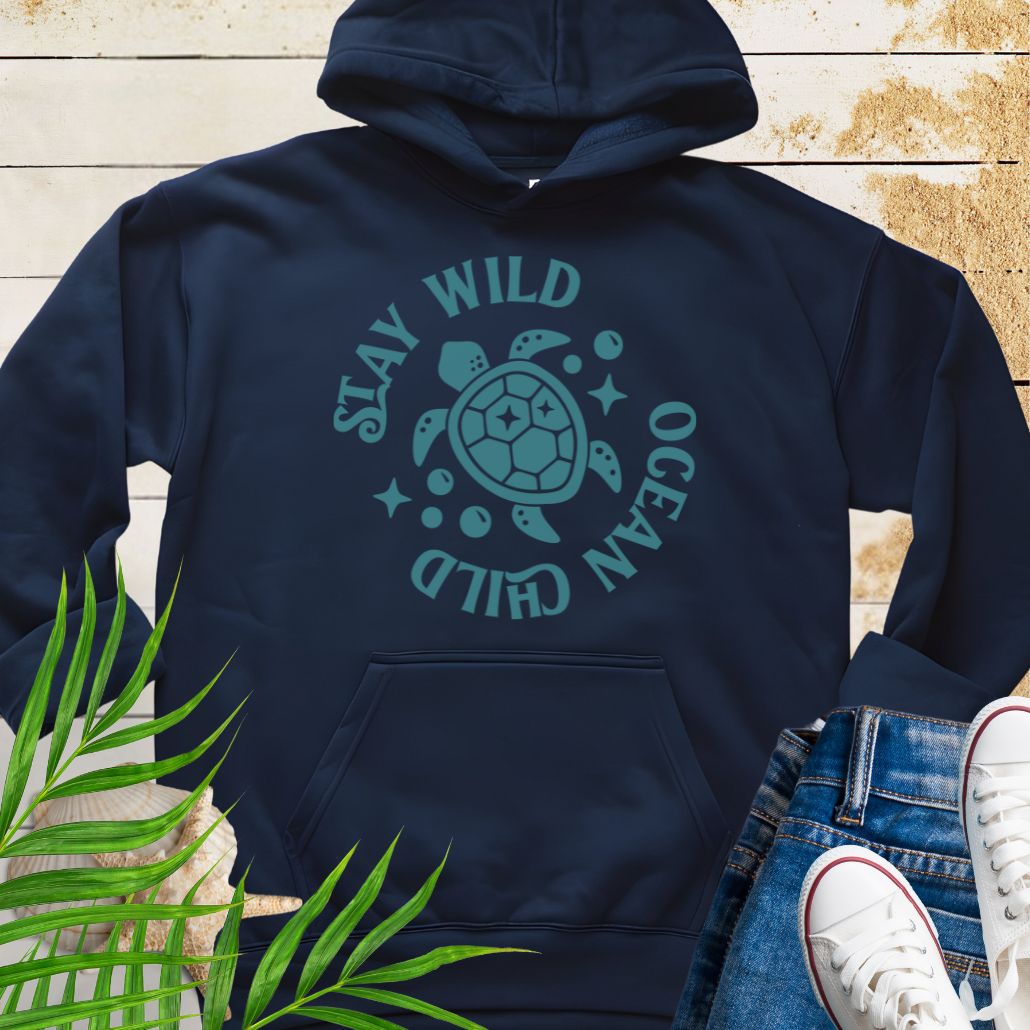 Navy sea turtle lover hoodie with ocean-inspired Stay Wild Ocean Child phrase around a sea turtle.