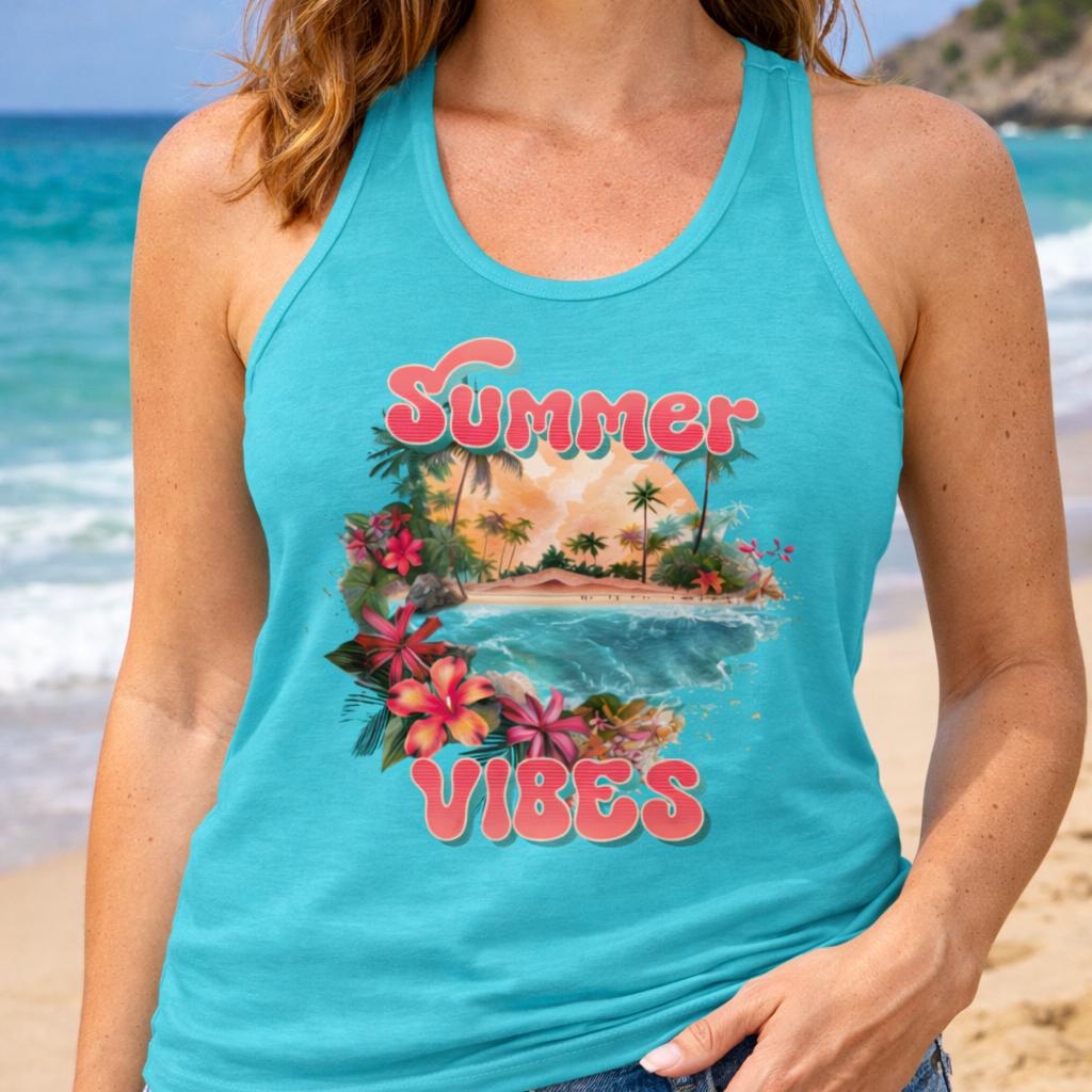 Person wearing a turquoise tank top with 'Summer Vibes' graphic on a beach.