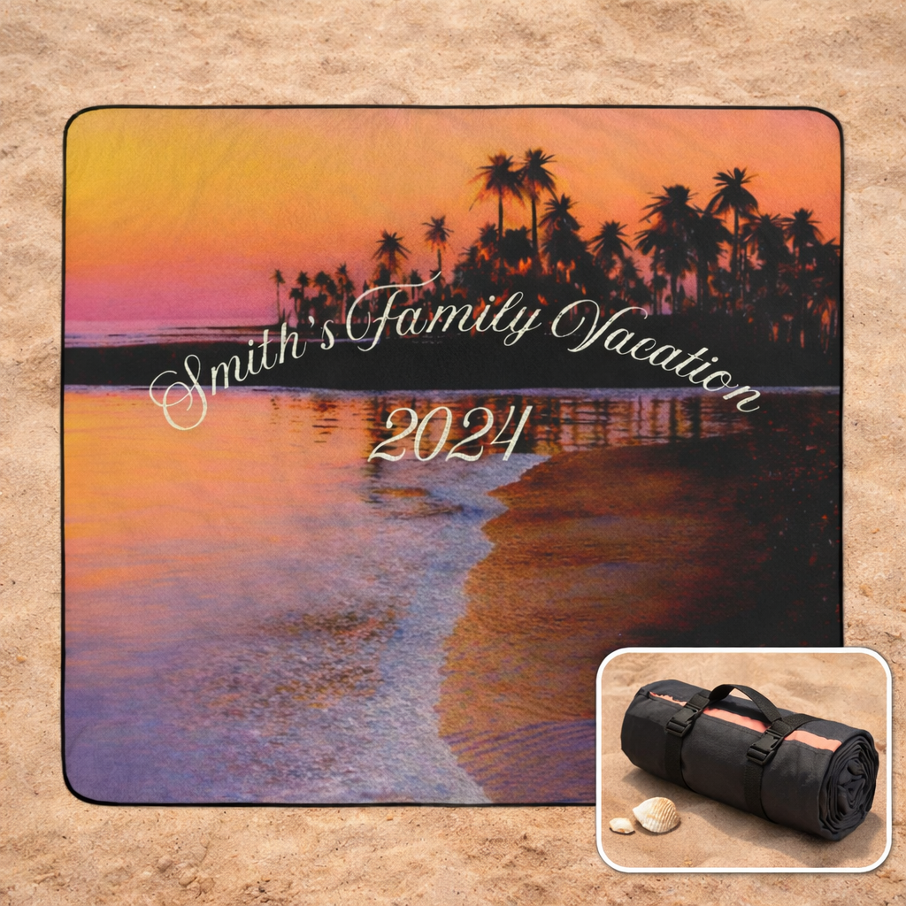 Outdoor beach blanket with sunset that can be personalized with family name and year shown with inset of it wrapped as a tote.