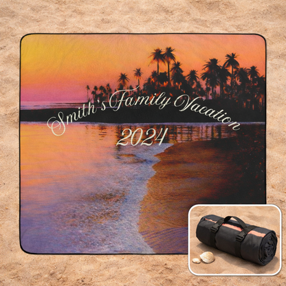 Outdoor beach blanket with sunset that can be personalized with family name and year shown with inset of it wrapped as a tote.
