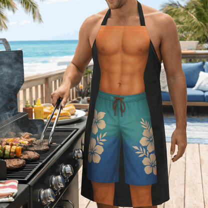 Funny black apron with man surfer body wearing tropical blue shorts.