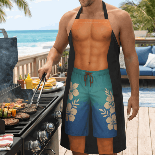 Funny black apron with man surfer body wearing tropical blue shorts.