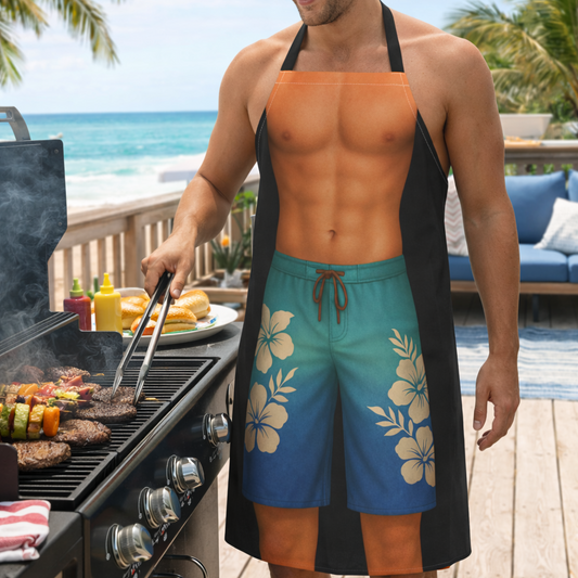 Funny black apron with man surfer body wearing tropical blue shorts.