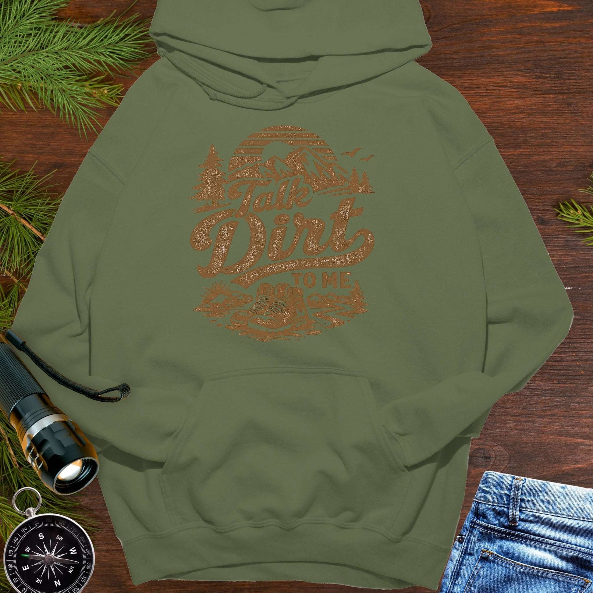 Military Green hoodie with “Talk Dirt To Me” retro mountain and hiking boots graphic, outdoor adventure pullover sweatshirt.
