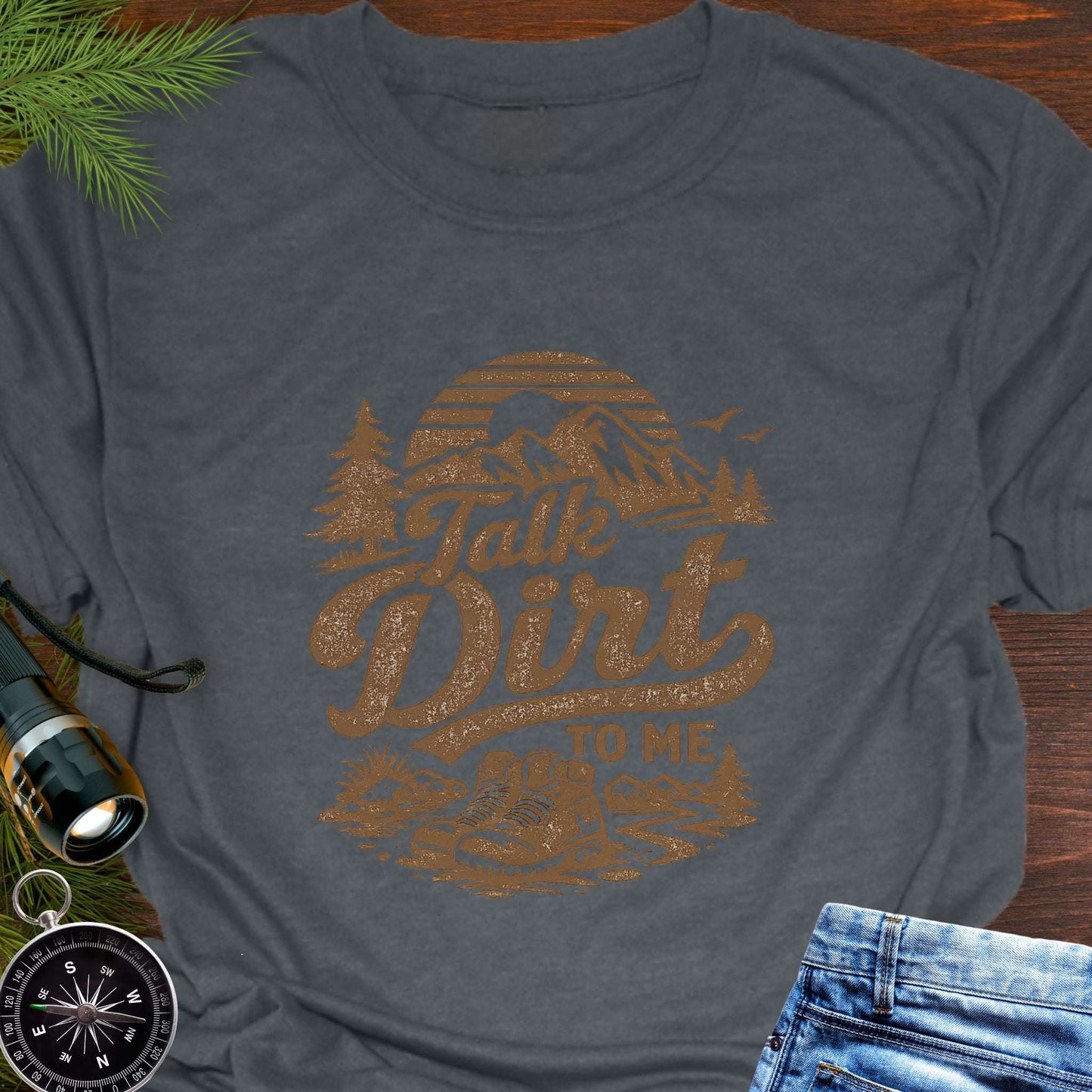 Dark Gray t-shirt with 'Talk Dirt to Me' graphic design with rugged mountain trail graphic—perfect for hiking, camping, and off-road lovers.