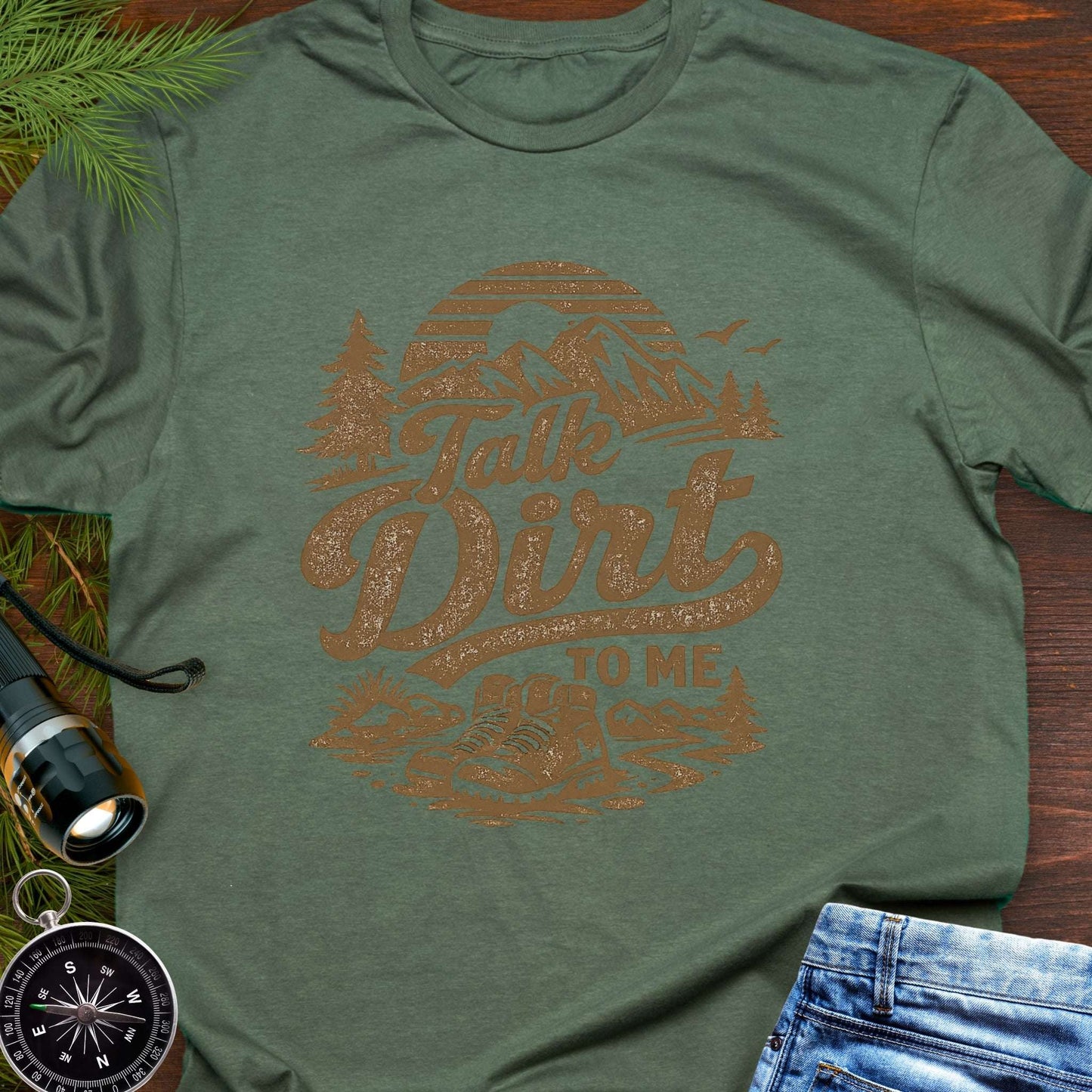 Military Green t-shirt t-shirt with 'Talk Dirt to Me' graphic design with rugged mountain trail graphic—perfect for hiking, camping, and off-road lovers.