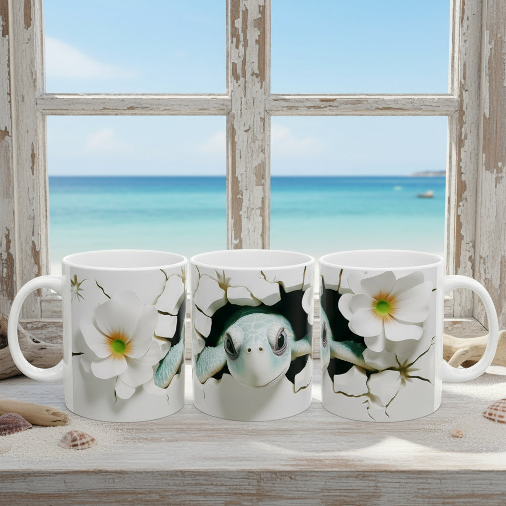 Three mugs with turtle and flower design on a white background
