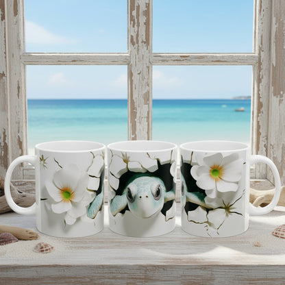 Three mugs with turtle and flower design on a white background