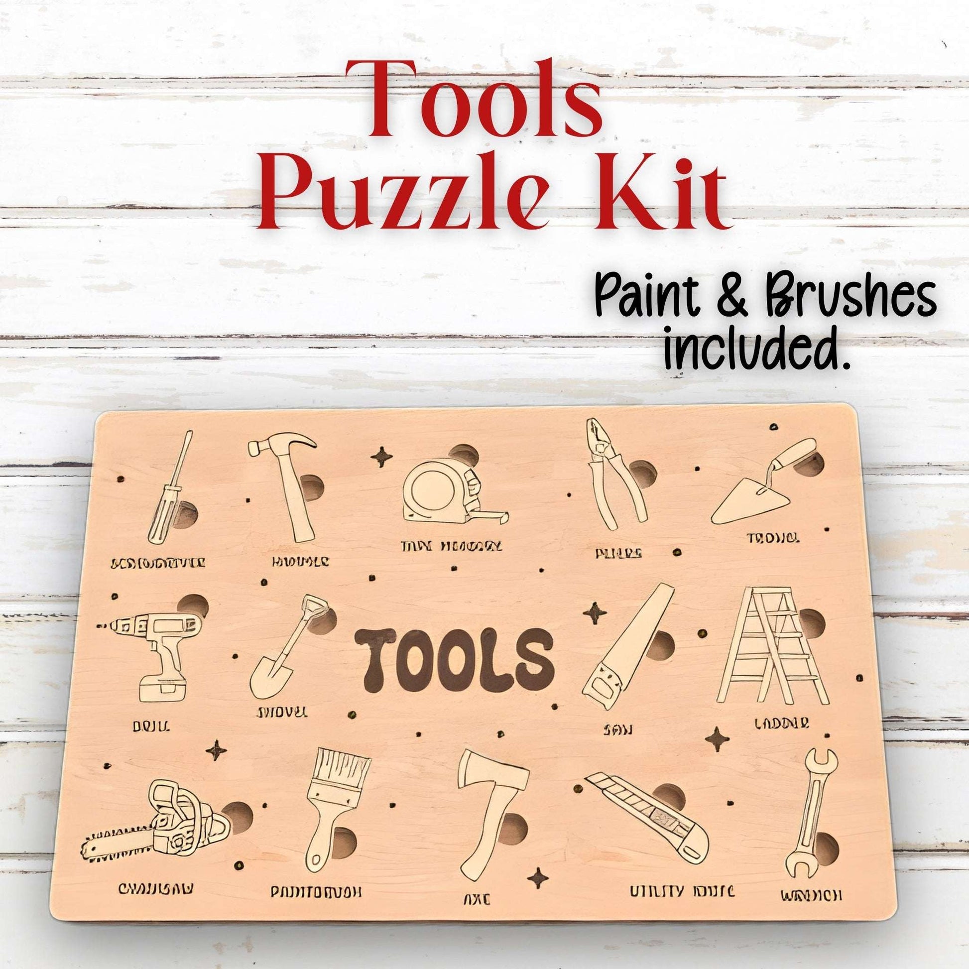Wooden child puzzle kit with tool illustrations.