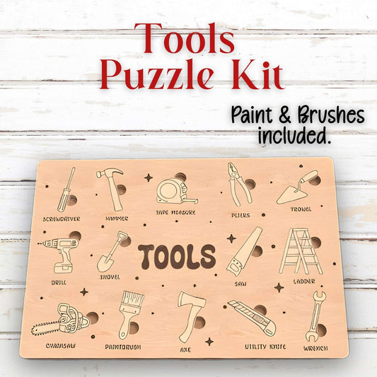 Wooden child puzzle kit with tool illustrations.