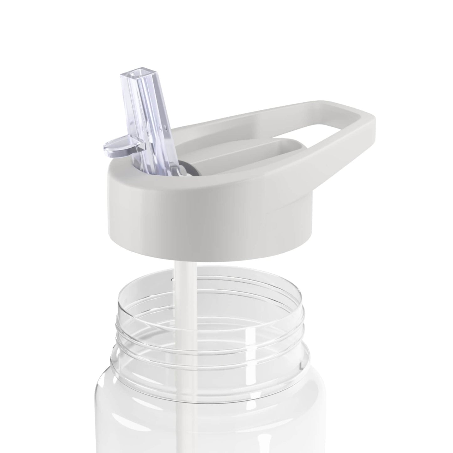 The top of the Tritan water bottle that shows that it is a gray twist cap with a clear straw.