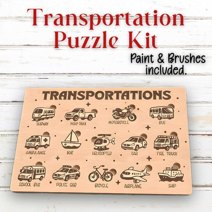 Transportation puzzle kit with illustrations of various vehicles on a wooden board.