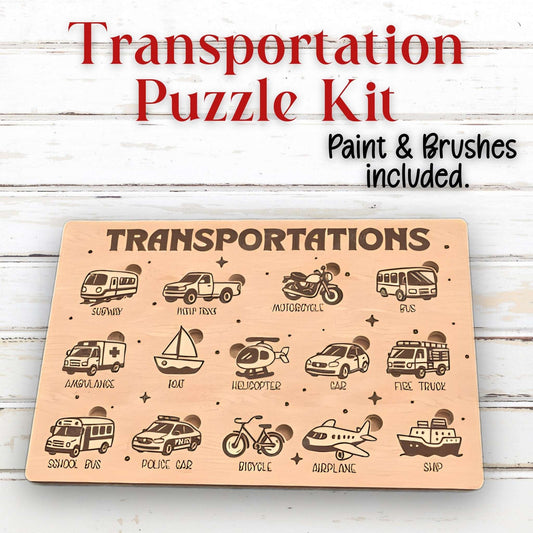 Transportation puzzle kit with illustrations of various vehicles on a wooden board.