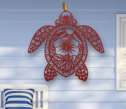 Red Metal wall art of a sea turtle silhouette with detailed cutouts and a hibiscus flower in the center, available in various sizes and colors.