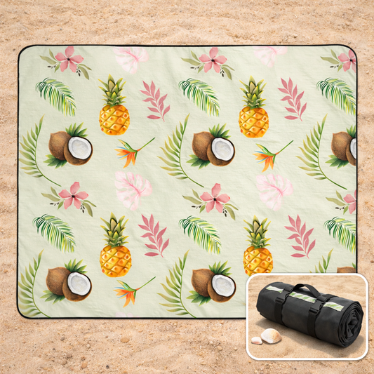 Tropical-themed mat with pineapples, coconuts, and flowers on a sage background with inset of it wrapped as a tote.