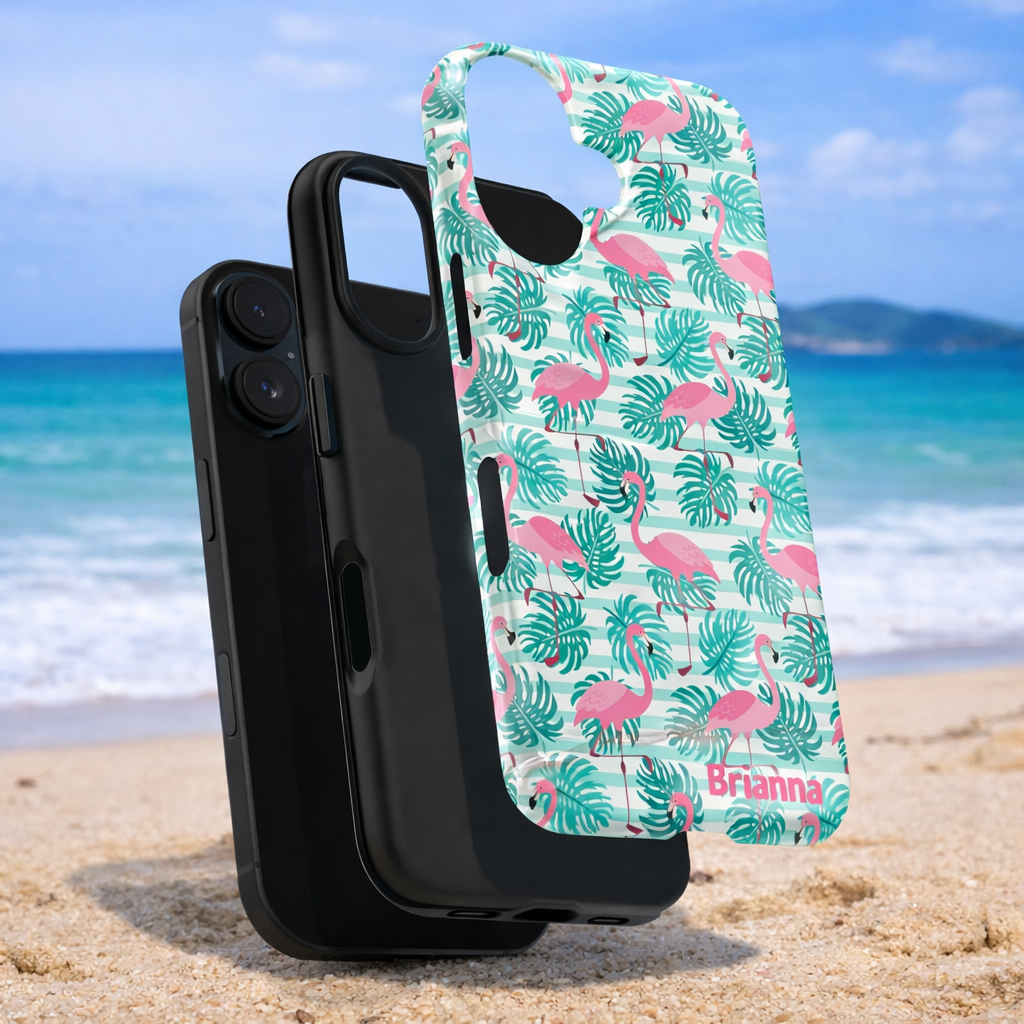 Phone case with flamingo design on a beach