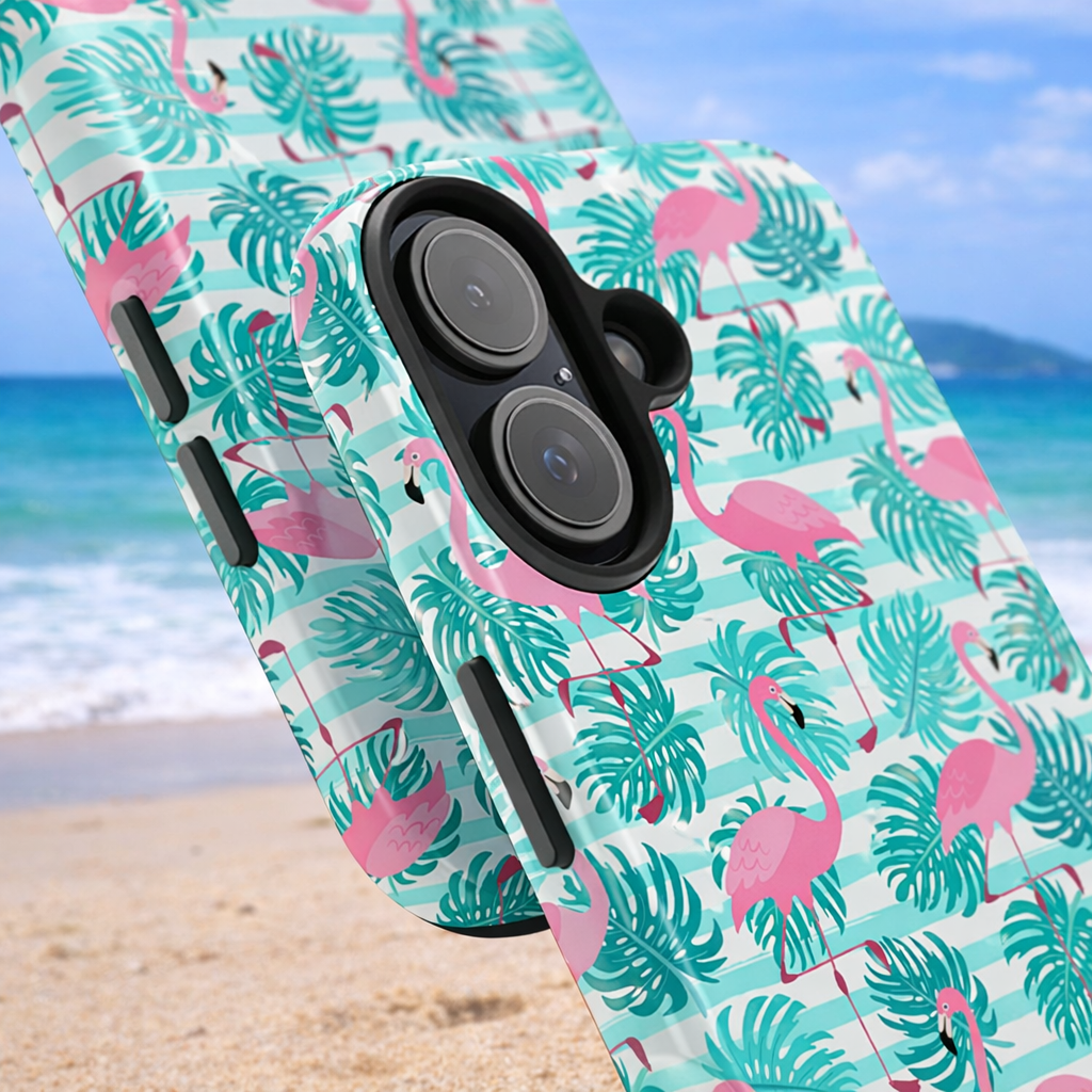 Phone case with flamingo and palm tree pattern on a beach background