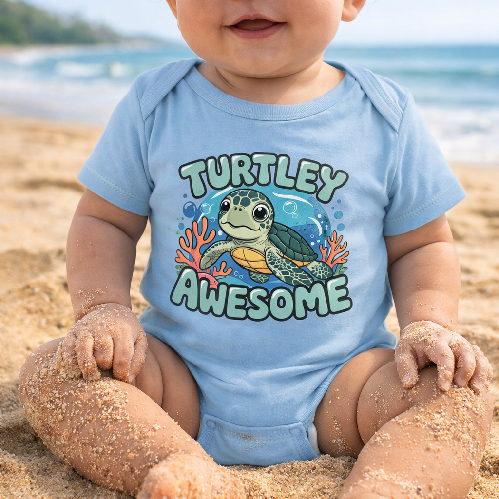 Baby wearing a blue onesie with a turtle graphic and 'Turtley Awesome' text on a beach.