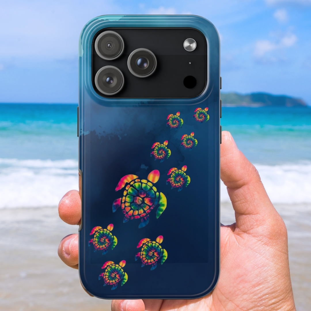 iPhone Pro Max cell phone case with colorful tye dye sea turtle design