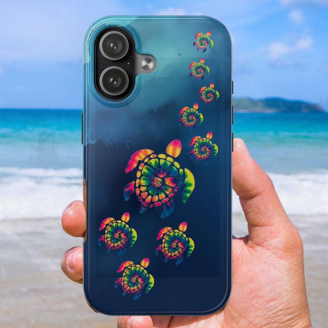 iPhone 17 phone case with colorful tye dye sea turtle design