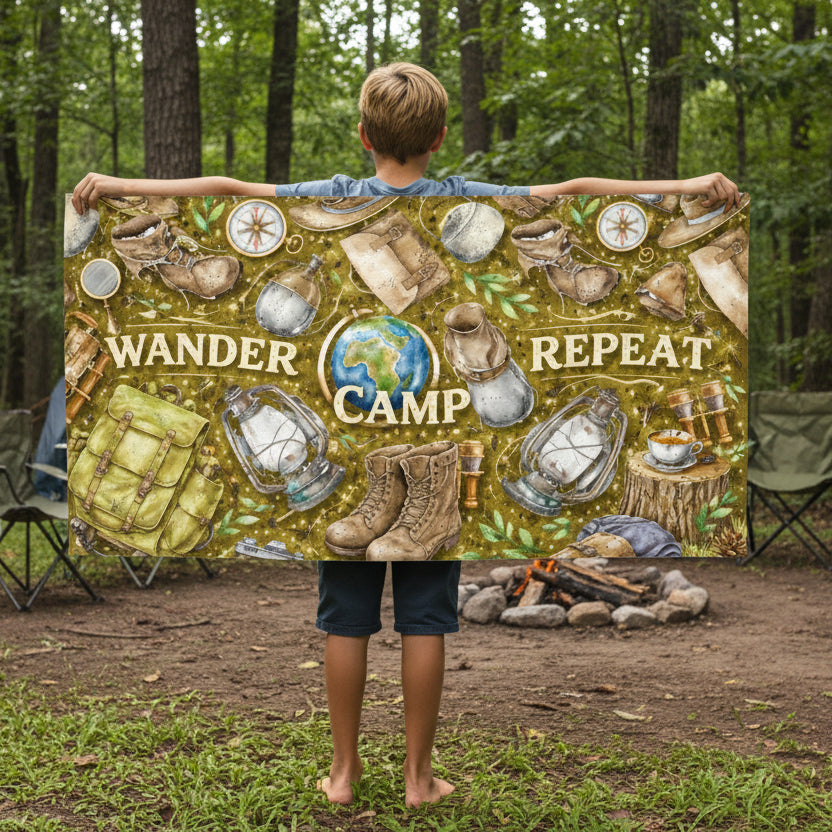 Person holding a beach towel with camping-themed design with text Wander Camp Repeat.